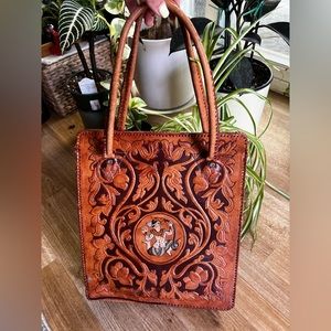 🐍RARE VINTAGE 100% Genuine LEATHER TOTE BAG with snake charmer painted dance